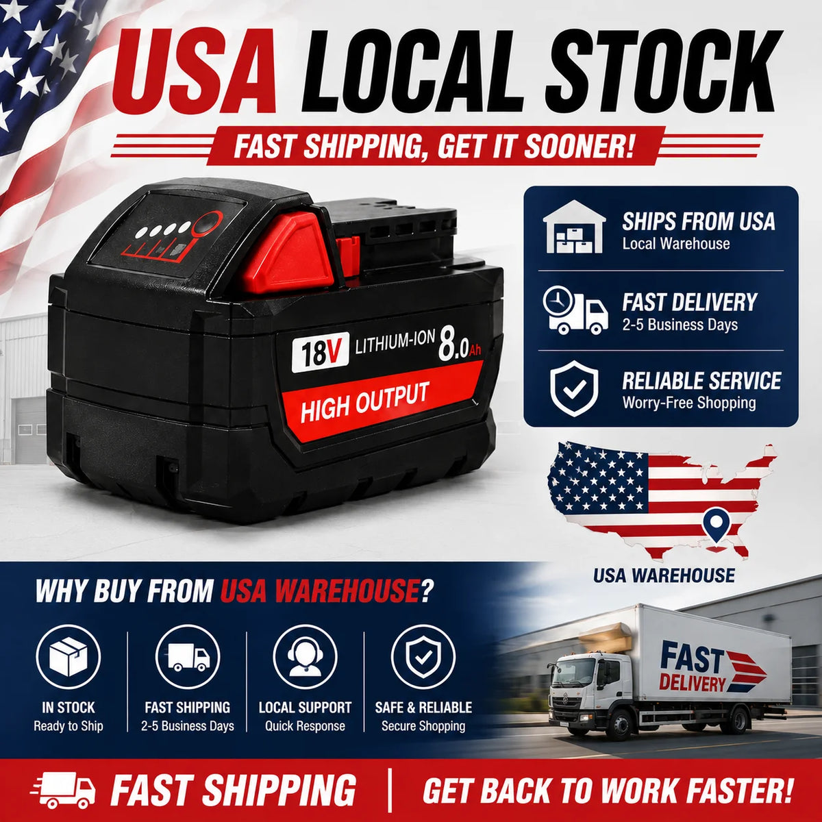 A black 18V lithium-ion battery pack for power tools is shown with shipping and service information.