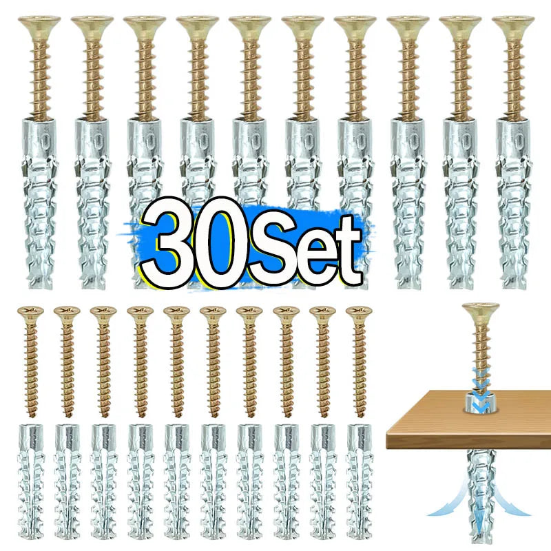 Un jeu de 30 vis d'expansion métalliques dentées pour ancrages en béton, présentées dans diverses finitions et tailles.