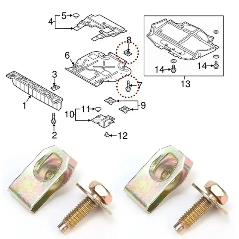 Diagram and components of self-tapping U-clip fasteners for automotive repair, including metal clips and screws.
