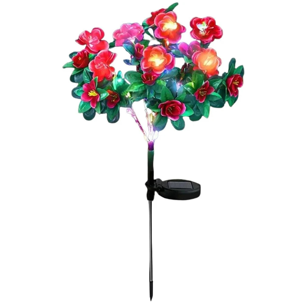 Solar LED azalea flowers with vibrant red, pink, and orange blooms for outdoor garden decor