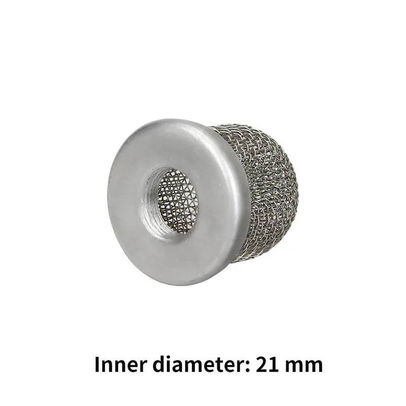 Silver filter pump rod accessory for an airless spraying machine, showing the inner diameter of 21 mm.