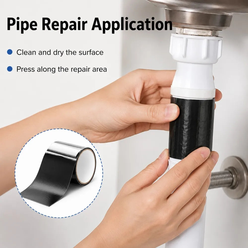 Hands apply heavy duty waterproof repair tape to a pipe connection for a leak repair application.