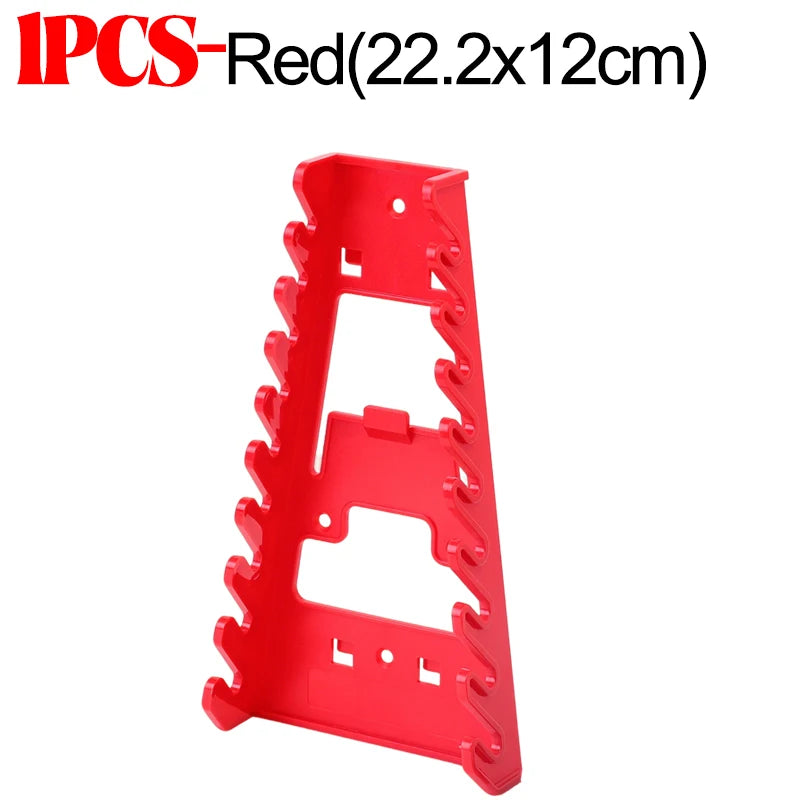 Red plastic wrench organizer rack with serrated edges and slots