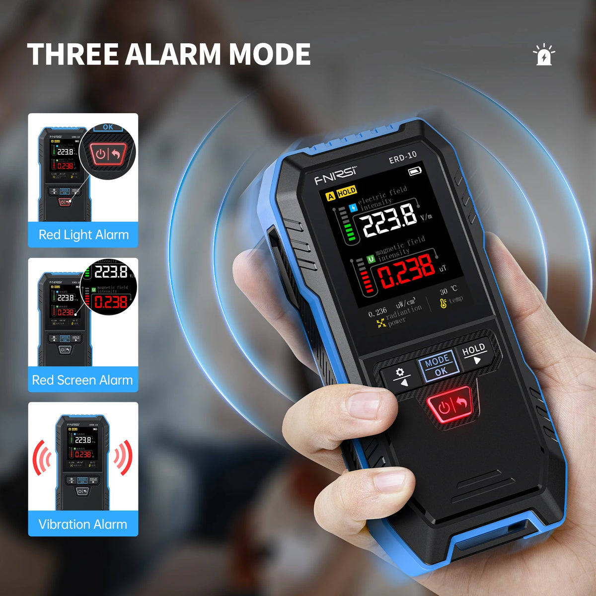 A hand holds a black electronic device displaying a red light alarm, demonstrating the three alarm modes.