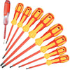 A set of magnetic screwdrivers and a voltage tester with red and yellow handles.