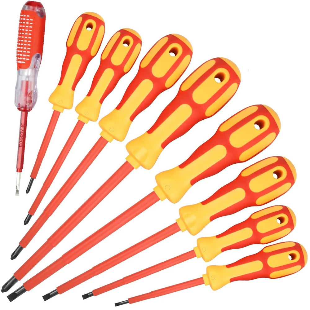 A set of magnetic screwdrivers and a voltage tester with red and yellow handles.