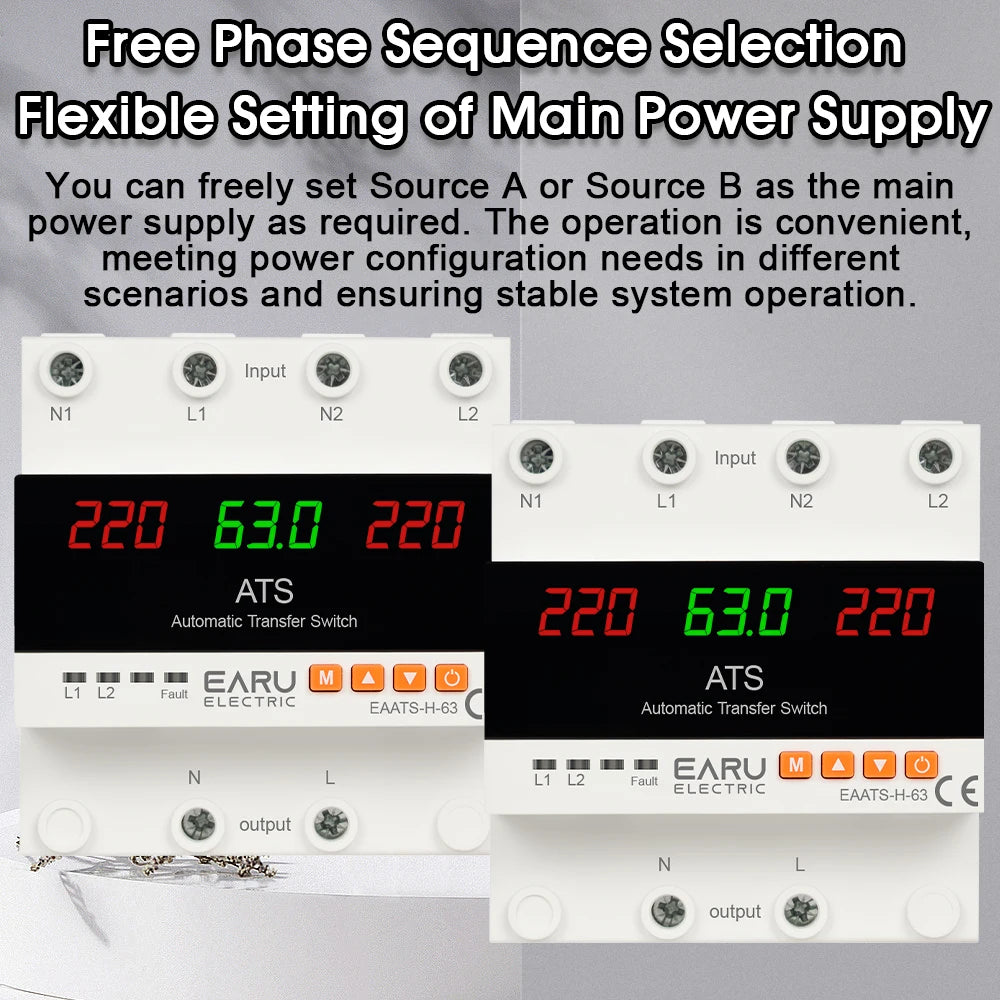 A power supply module with input terminals and output, featuring an ATS automatic transfer switch relay.