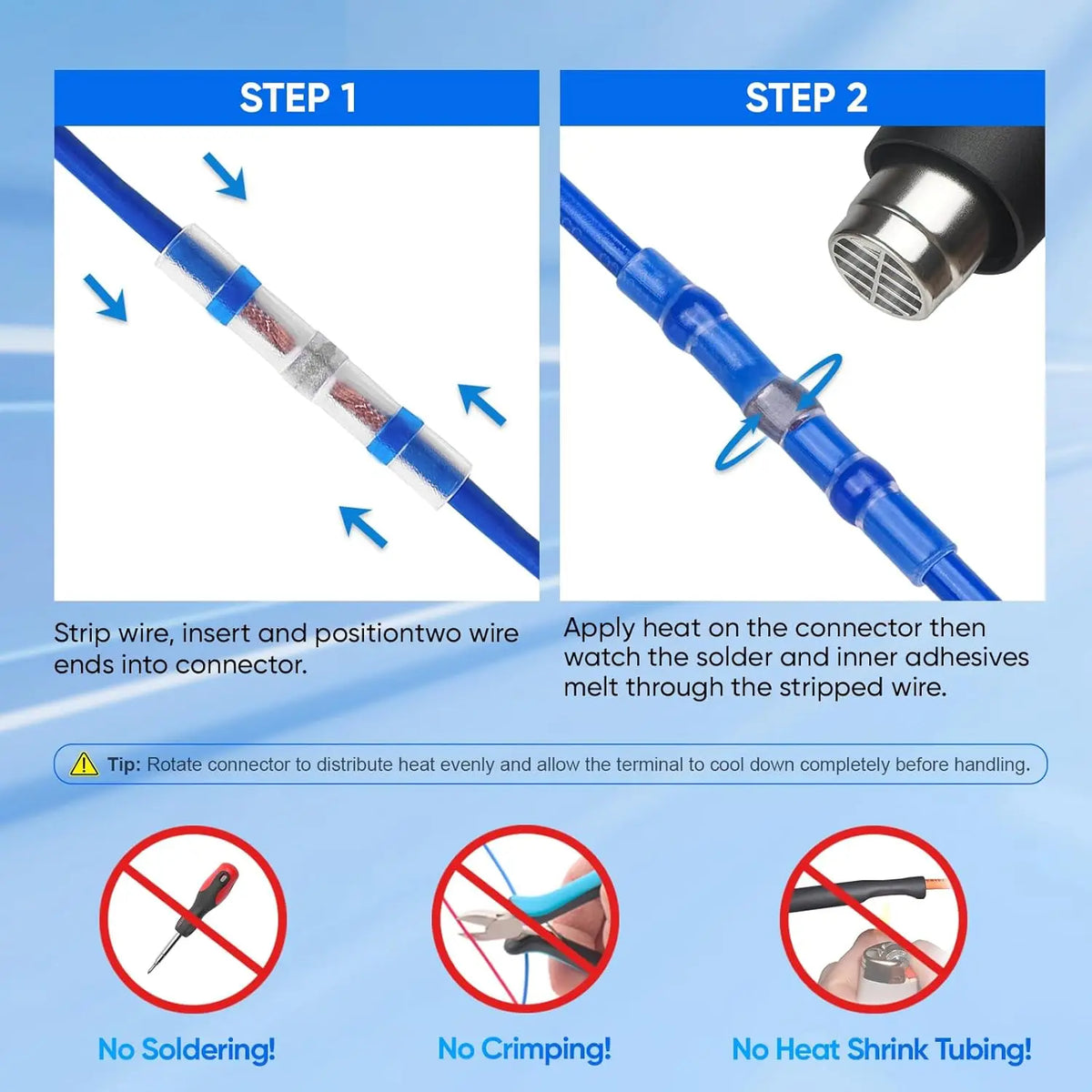Step-by-step guide showing how to insert wire into a connector and apply heat to melt adhesives for bulk solder seal wire con