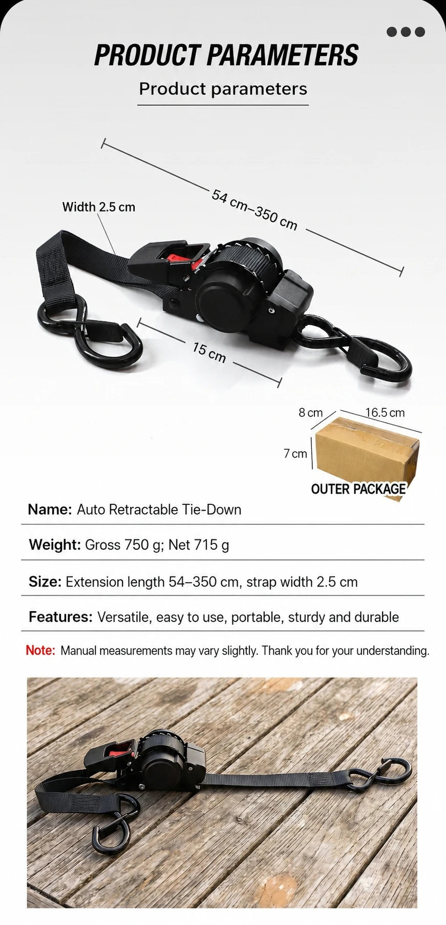A black auto retractable tie-down strap with various dimensions and features shown against a wooden background.