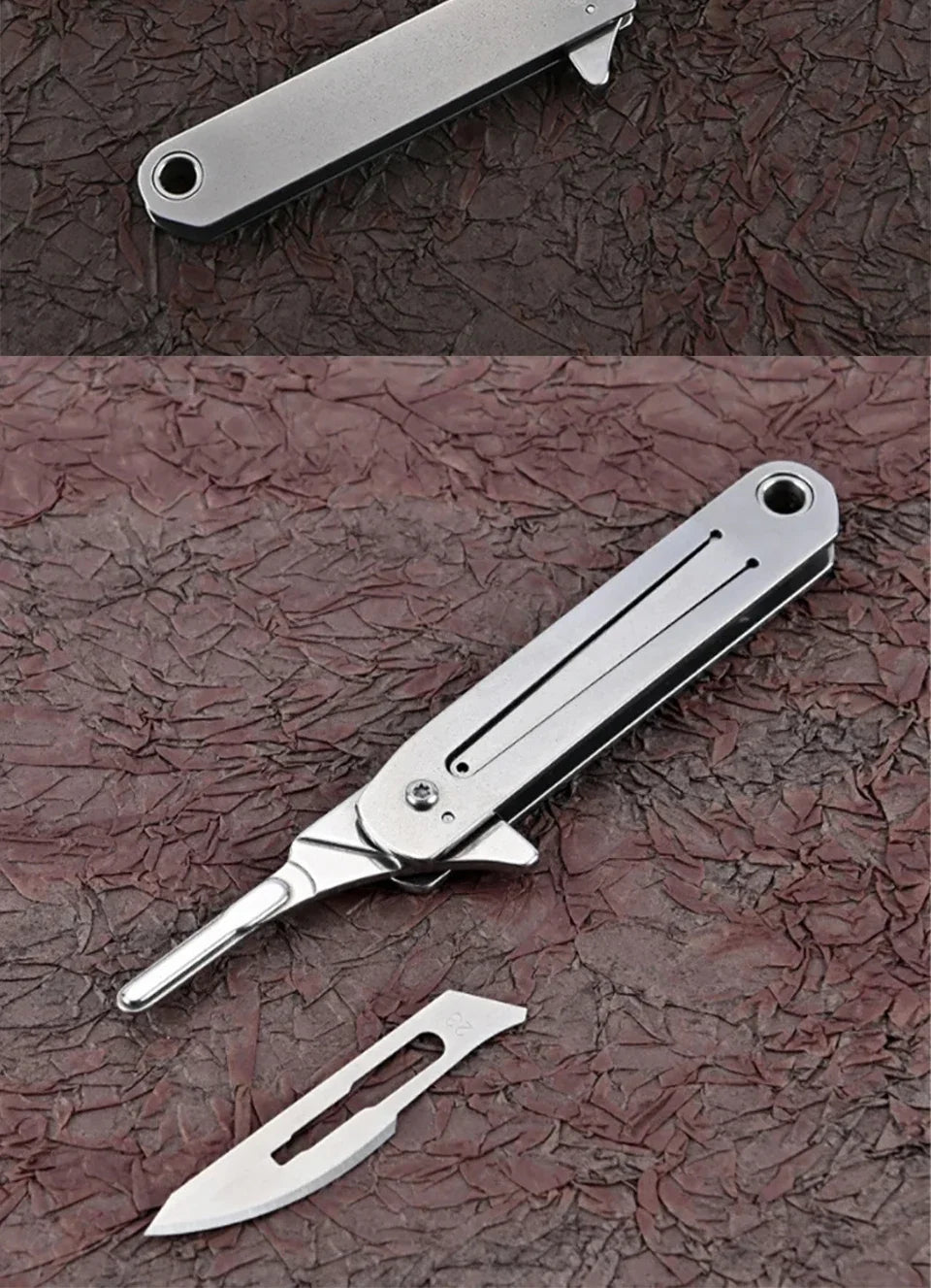 A stainless steel folding keychain knife is shown in close-up against a dark brown textured background.