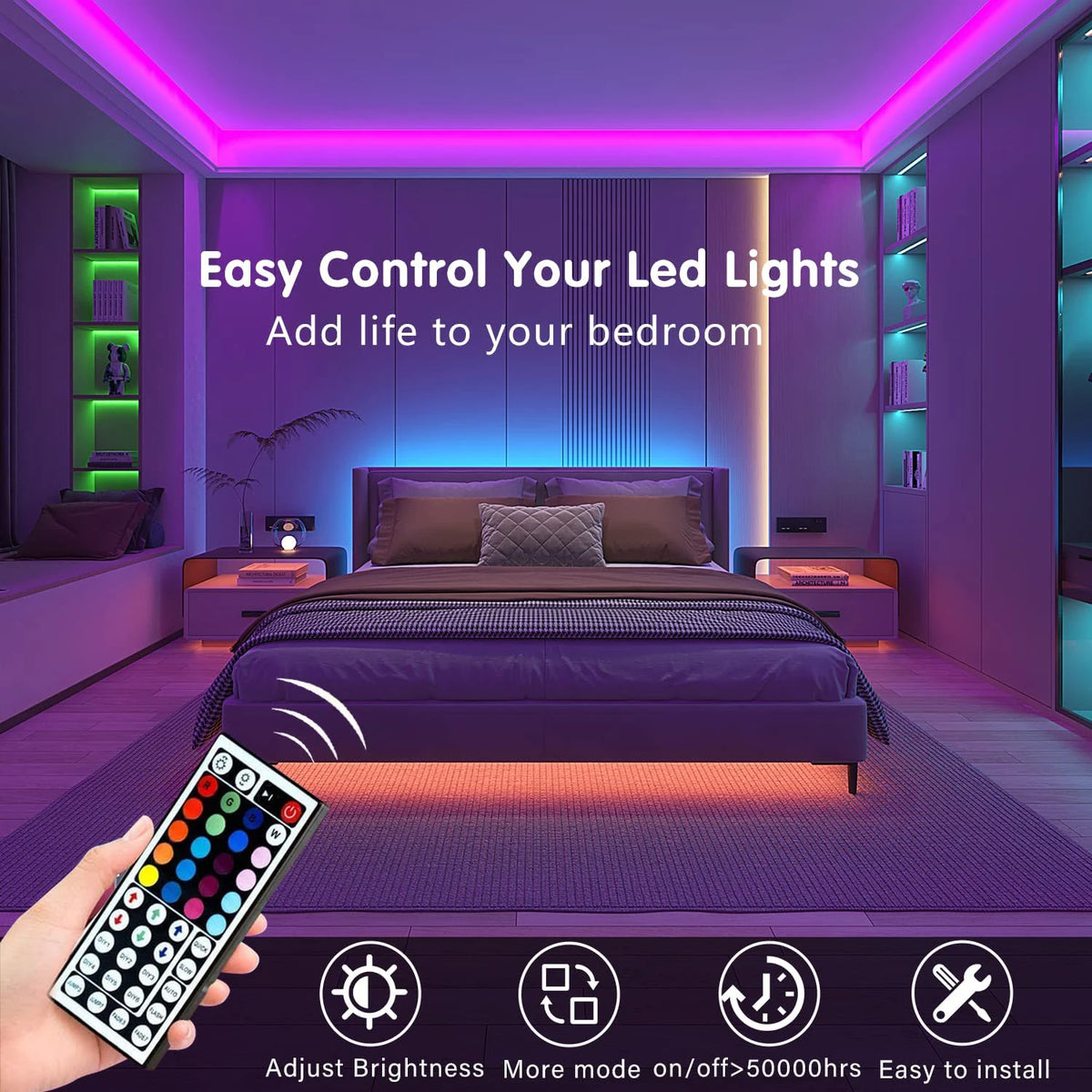 Una mano sostiene un control remoto para ajustar luces LED en un dormitorio con iluminación púrpura y rosa.