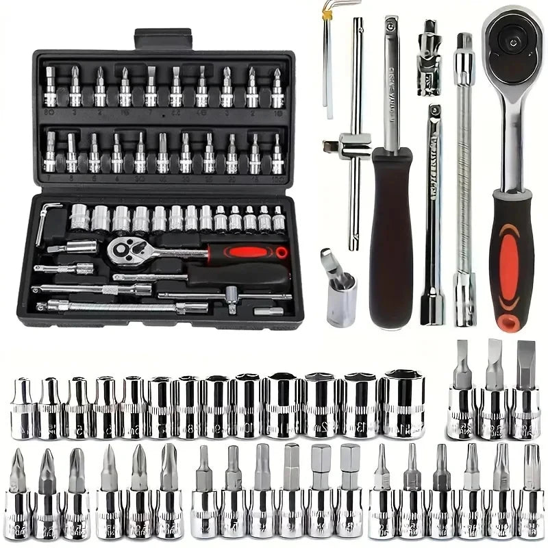 A collection of 46 metric socket wrenches and tools in various sizes and finishes displayed in an open black case.