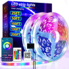 A display showing various LED strip light options with color changing features, alongside a smartphone and control devices.
