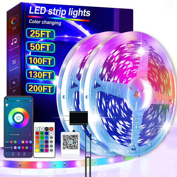 A display showing various LED strip light options with color changing features, alongside a smartphone and control devices.