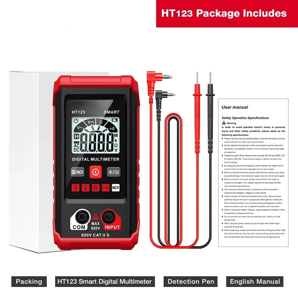 Red HT123 Smart Digital Multimeter with accessories and user manual