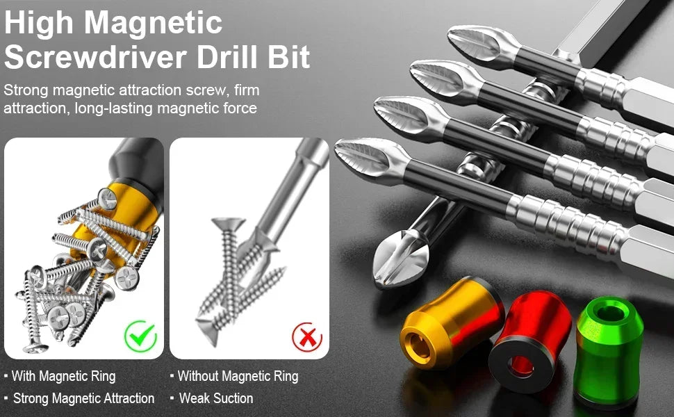 A set of high magnetic screwdriver drill bits showing various sizes and types with magnetic rings.