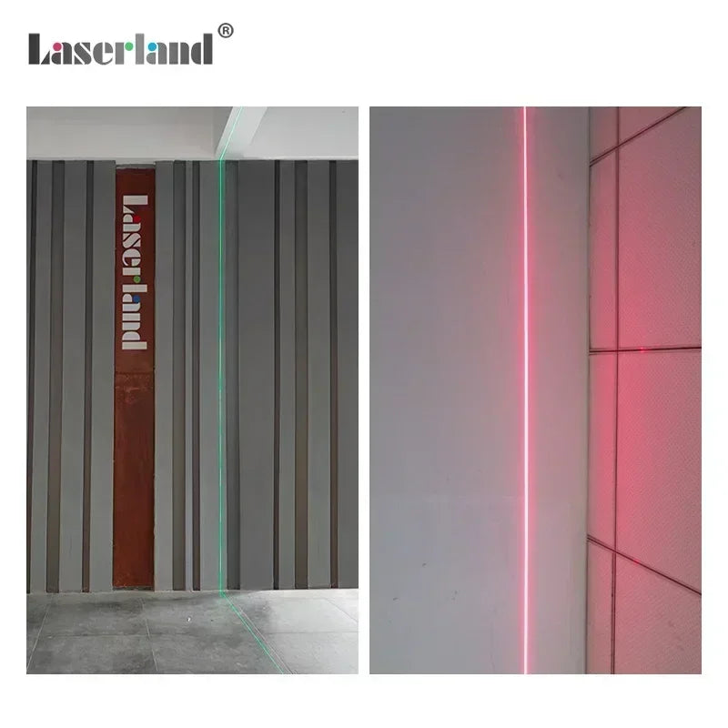 A vertical laser module with a red light beam is displayed against a gray wall.