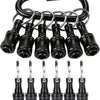 A set of 12 black socket bit holders with a keychain extension bar.