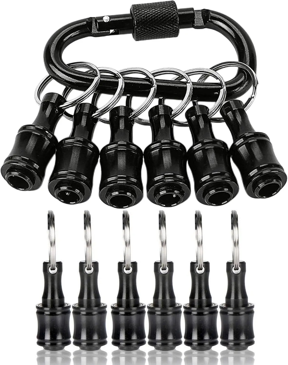 A set of 12 black socket bit holders with a keychain extension bar.