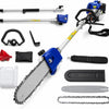 A set of professional 2-stroke gas pole saw components including a saw, bar, chain, and various accessories.