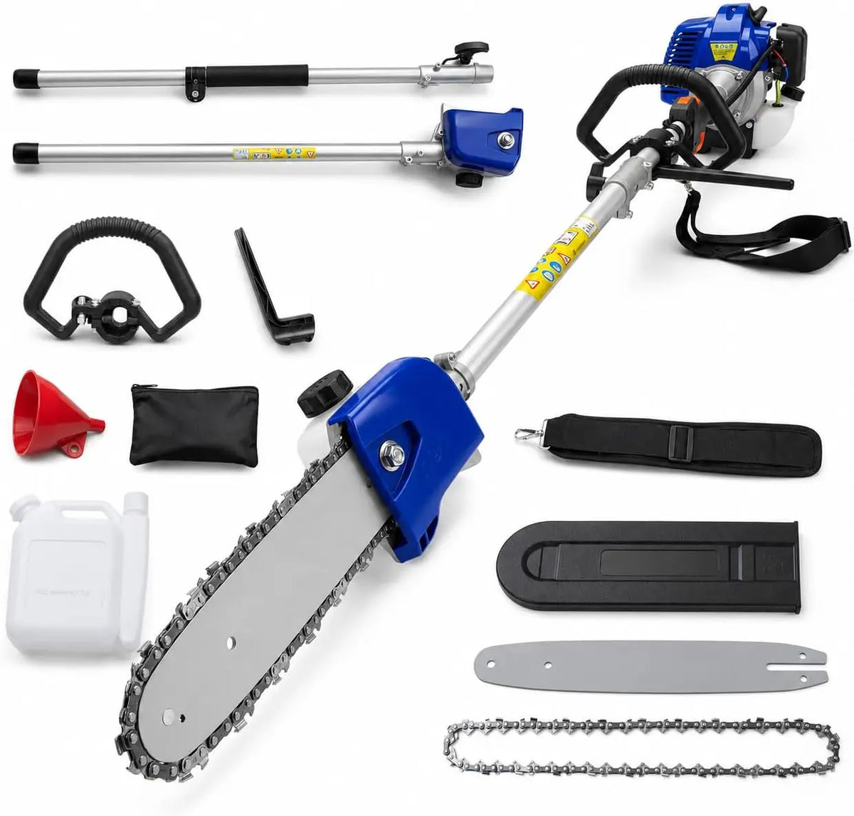 A set of professional 2-stroke gas pole saw components including a saw, bar, chain, and various accessories.
