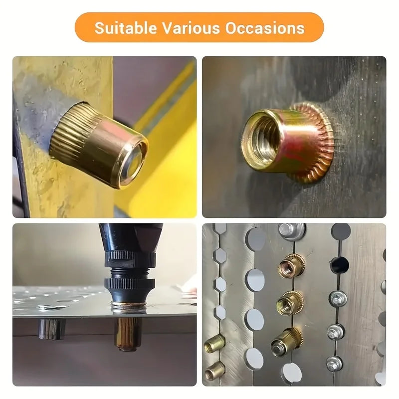 A set of professional steel rivet nuts and related hardware components shown in various close-up views.