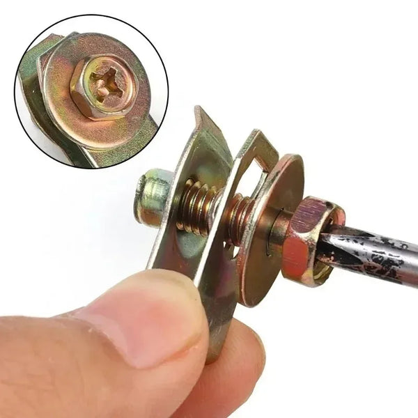 A hand holds a self-tapping U-clip fastener used for automotive repair, showing the clip and a close-up of the threaded end.