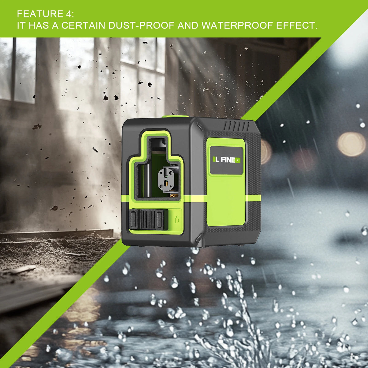 A black and lime green laser level device is shown demonstrating its dust-proof and waterproof effect against water droplets.