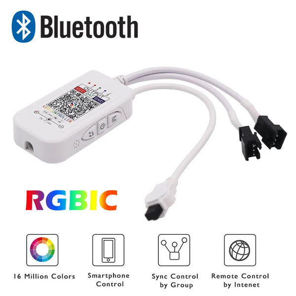 A white Bluetooth RGBIC LED strip controller with a cable and icons showing features like color, smartphone control, group co