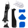 A set of precision caulking tools including a spatula and various shaping blades in black and blue.