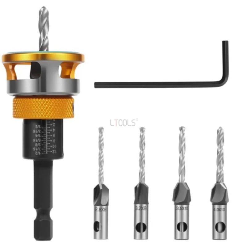 A set of adjustable countersink drill bits including a driver and various sizes.