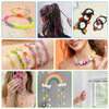 Assortment of colorful rainbow elastic beading cords and beaded jewelry displayed on a white background.