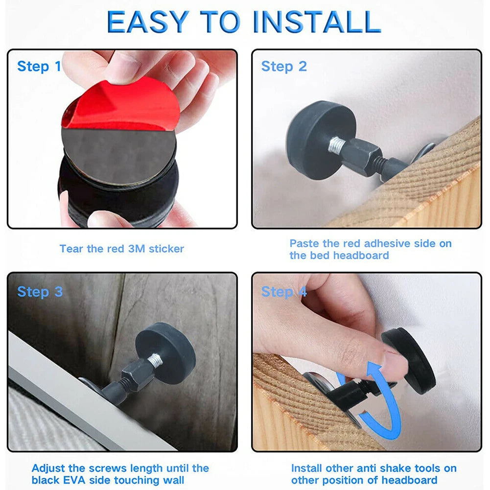 Instructions showing how to install an anti-shake tool on a bed headboard using adhesive and screws.