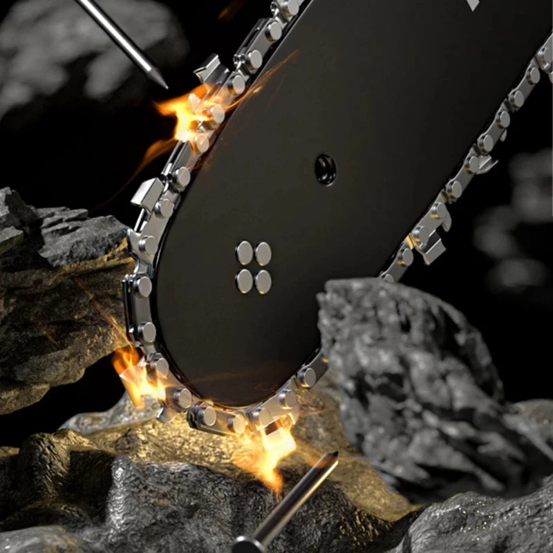 A close-up of a mini electric chain saw with replacement chains being heated and ignited on a rock surface.
