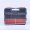 A clear plastic hardware organizer box with orange handles and multiple compartments.