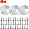 A set of stainless steel cabinet hinge mounting plates and pins for installation.