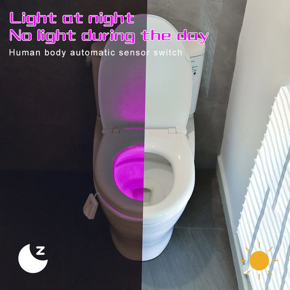 A toilet with a light sensor switch is shown, demonstrating automatic lighting features.