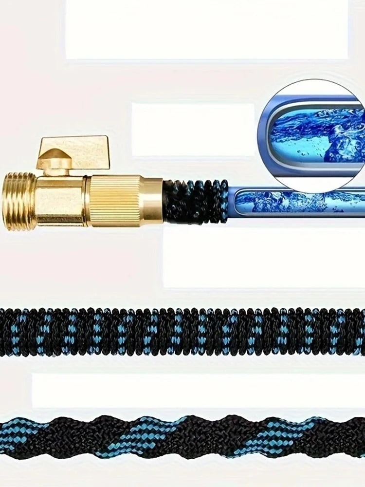A close-up view of a brass telescopic garden hose connector and a section of blue patterned flexible hose.