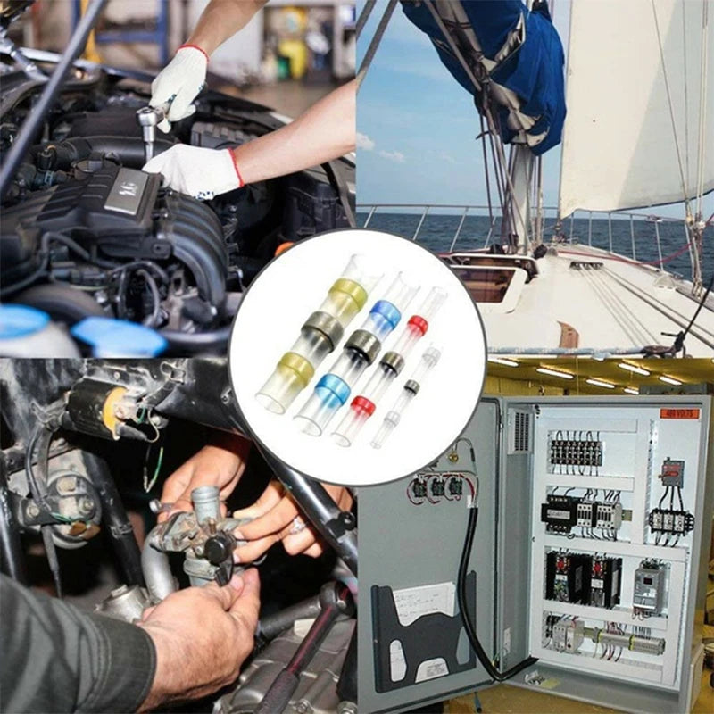 Hands are working on a heat shrink butt crimp terminals kit near an engine and electrical panel.
