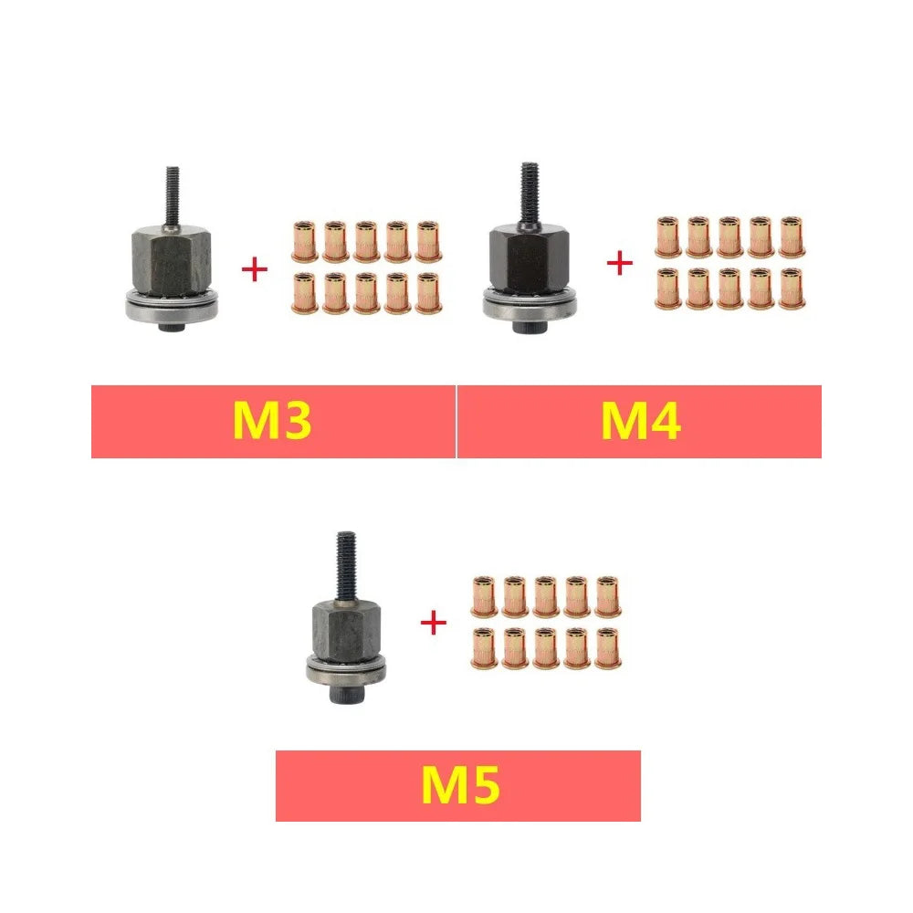 Set of M3, M4, and M5 precision rivet nuts with installation tools displayed separately.