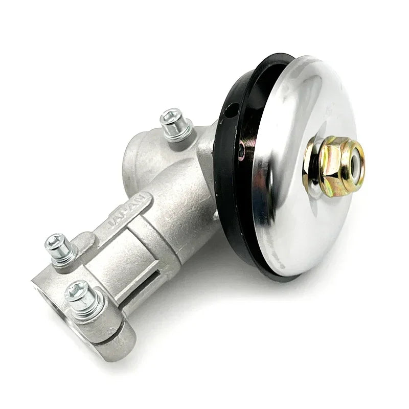 A silver brush cutter gearbox insert with a black housing and brass fitting.