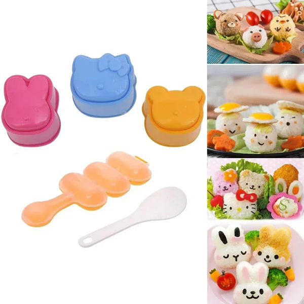 Set aus Silikonformen und Löffel zum Herstellen von Reisbällchen.