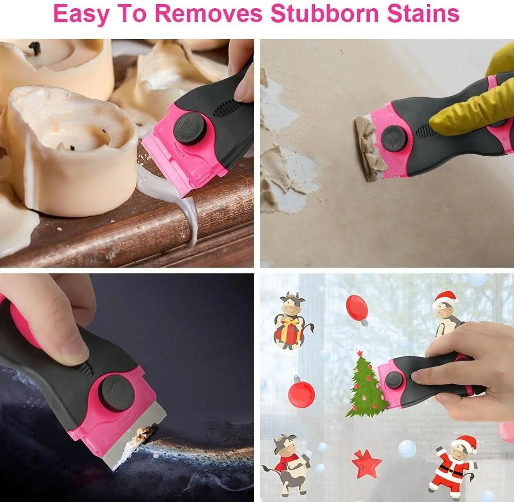 A hand uses a pink and black scraper tool to remove stubborn stains from a candle, demonstrating its use for adhesive removal