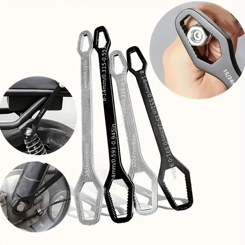 A set of adjustable universal torx wrenches in black and silver, shown with a close-up of the tools and a hand demonstrating 