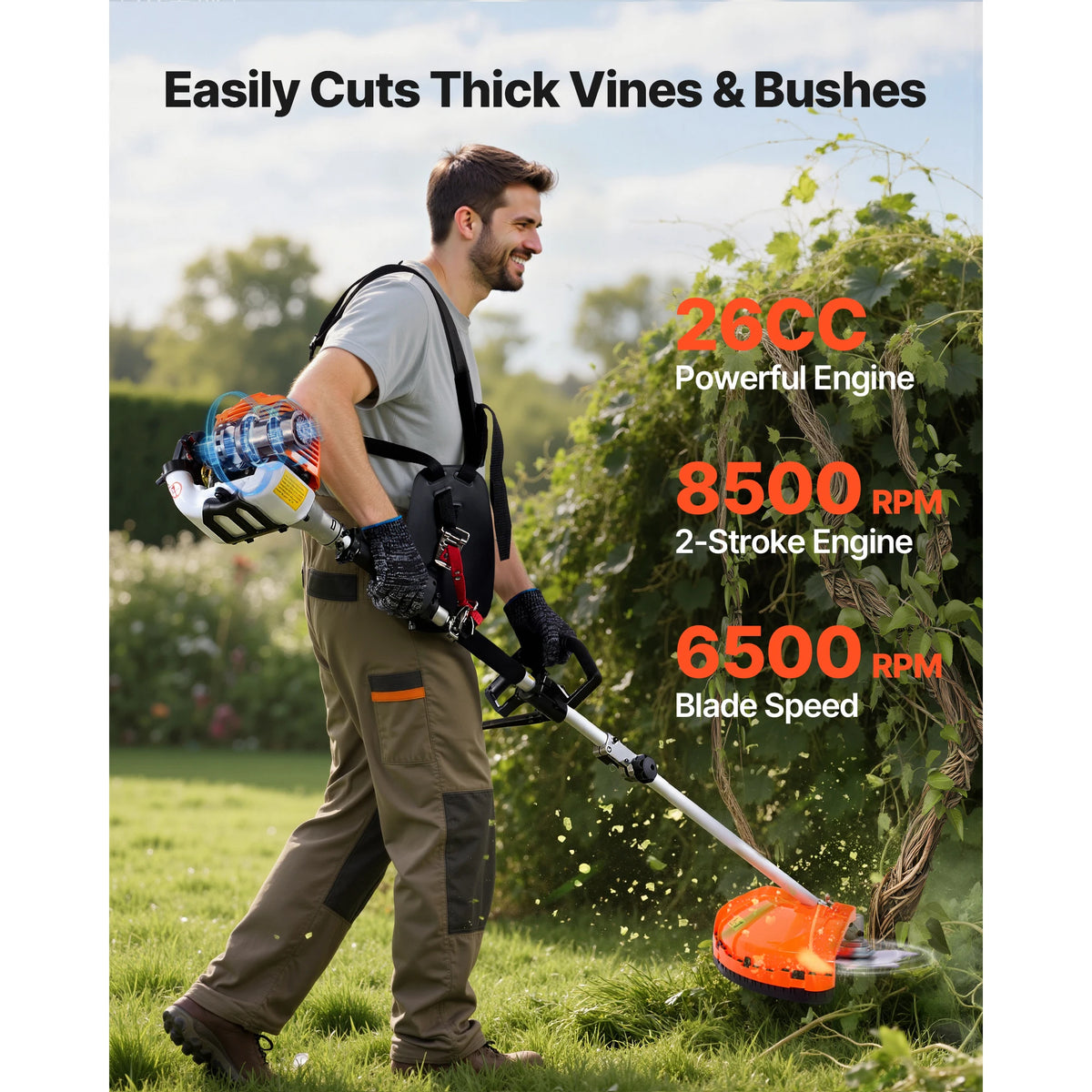 A man is using a heavy-duty gas hedge trimmer and brush cutter to cut thick vines and bushes in a garden.