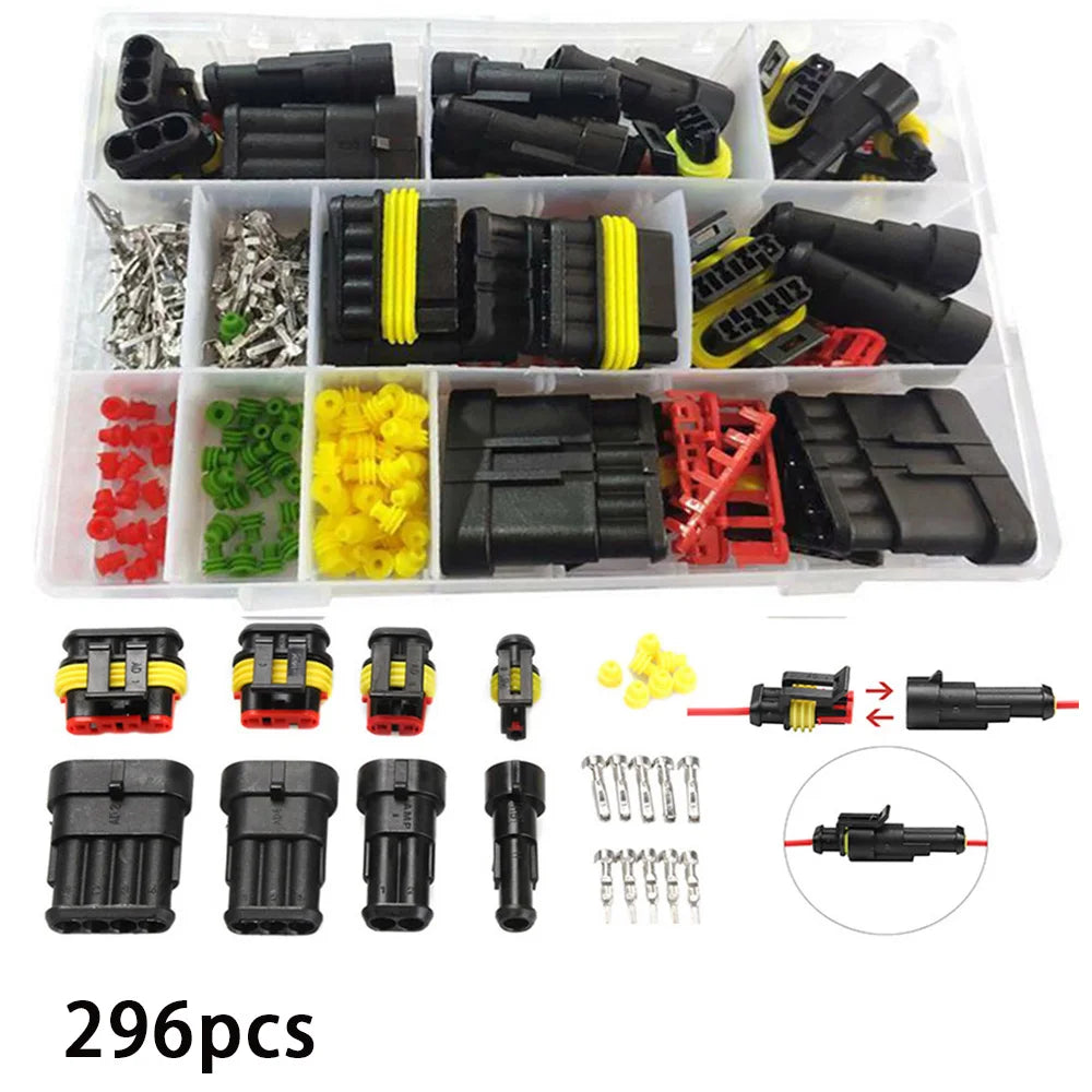 A collection of waterproof electrical connectors, including various plugs and connectors in black, yellow, and red plastic.