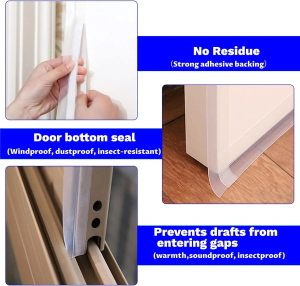 Close-up of silicone weather stripping seal tape being applied to a door frame and window, highlighting its adhesive backing 