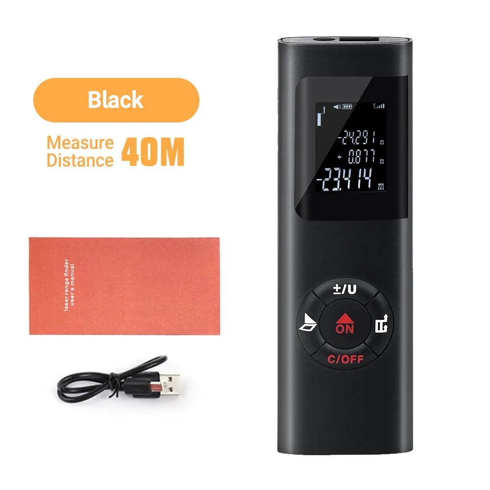A black precision laser measuring tool with a digital display and power switch is shown next to its accessories.