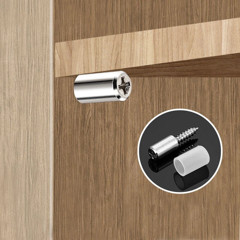 A close-up view of a silver cabinet partition support screw and a white threaded insert on a wooden cabinet panel.