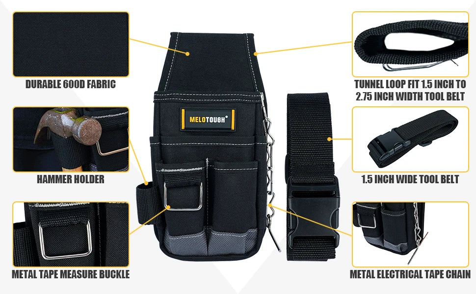 Schwarze, strapazierfähige Werkzeugtasche mit Hammerhalterungen, Metall-Maßbandverschluss und Tunnelöse für Werkzeuggurte.